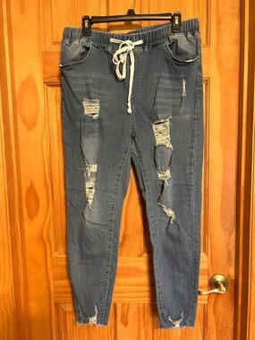 Blue Distressed Women's Jogger Jeans - Elastic Waist Size 2X Inseam 27”